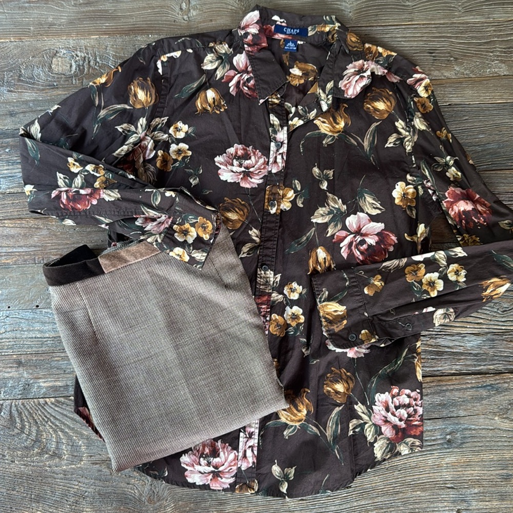 Chaps Brown Floral Button-Down Shirt with Pink and Gold Blooms